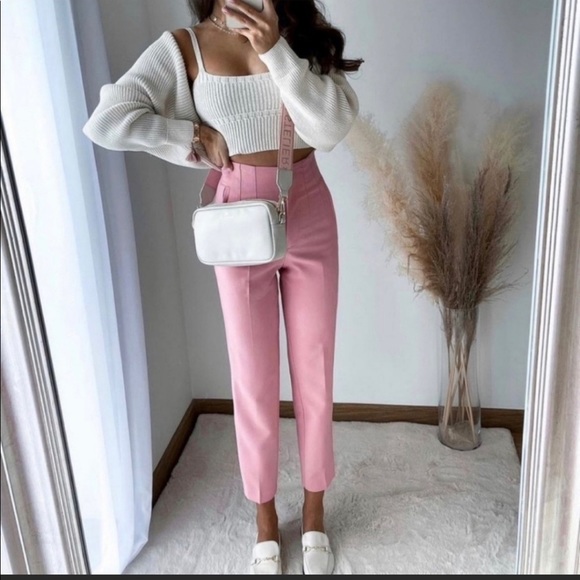New Zara Pink High waisted Trousers Size XS - Picture 2 of 11